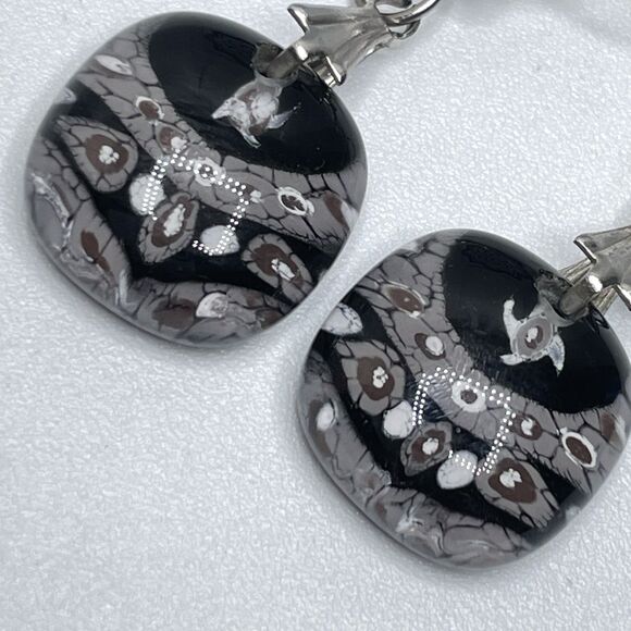 Cute Black Gray Murano Glass Beaded Silvertone Dangle Earrings Boho Unique - Picture 6 of 8
